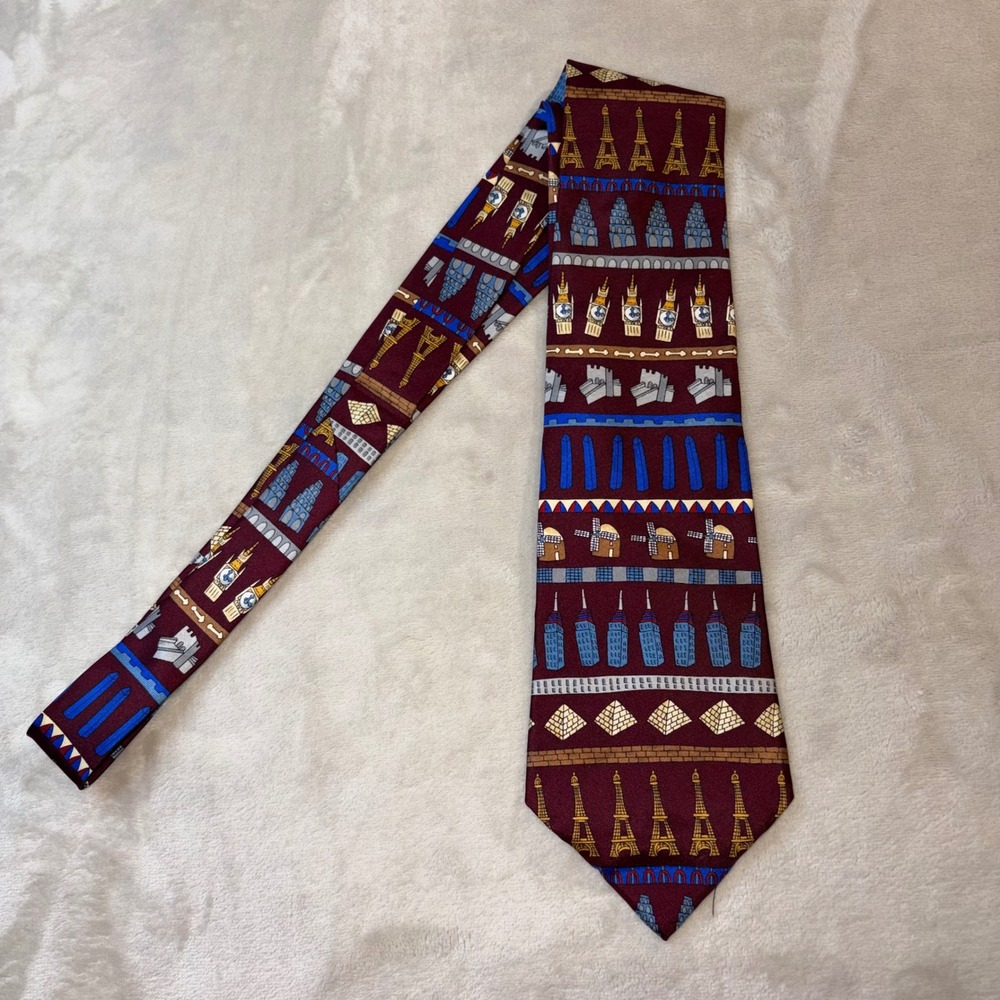 Save the Children Silk Tie Magnificent Man-Made Monuments Burgundy Landmarks